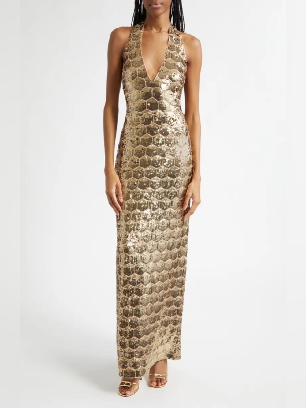 New Ramy Brook Shauna Sequin Tile Halter Backless Gown In Gold